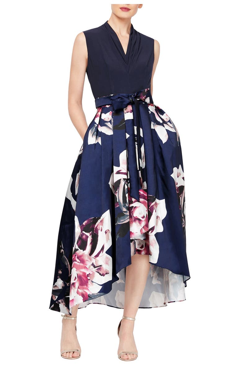 SLNY Floral Pleated High-Low Dress, Main, color, Navy Multi