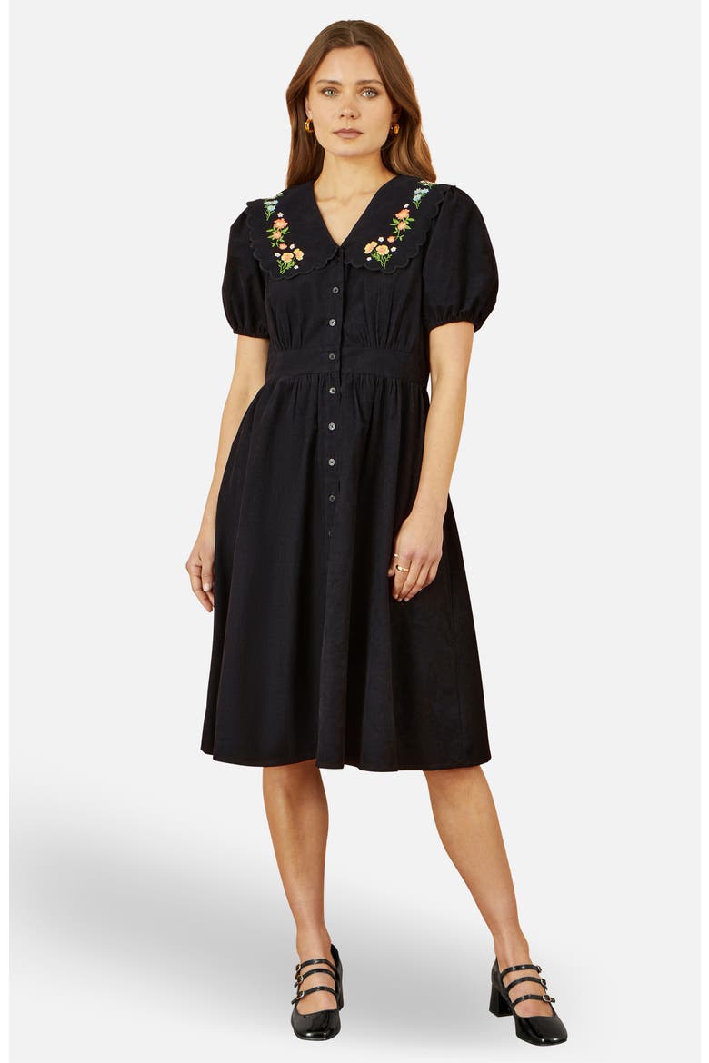 Embroidered Collar Cord Tea Dress, Main, color, Black