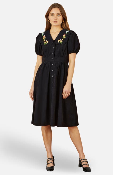 Embroidered Collar Cord Tea Dress
