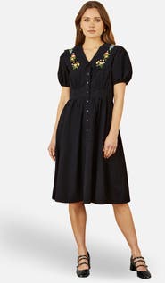 Yumi Embroidered Collar Cord Tea Dress