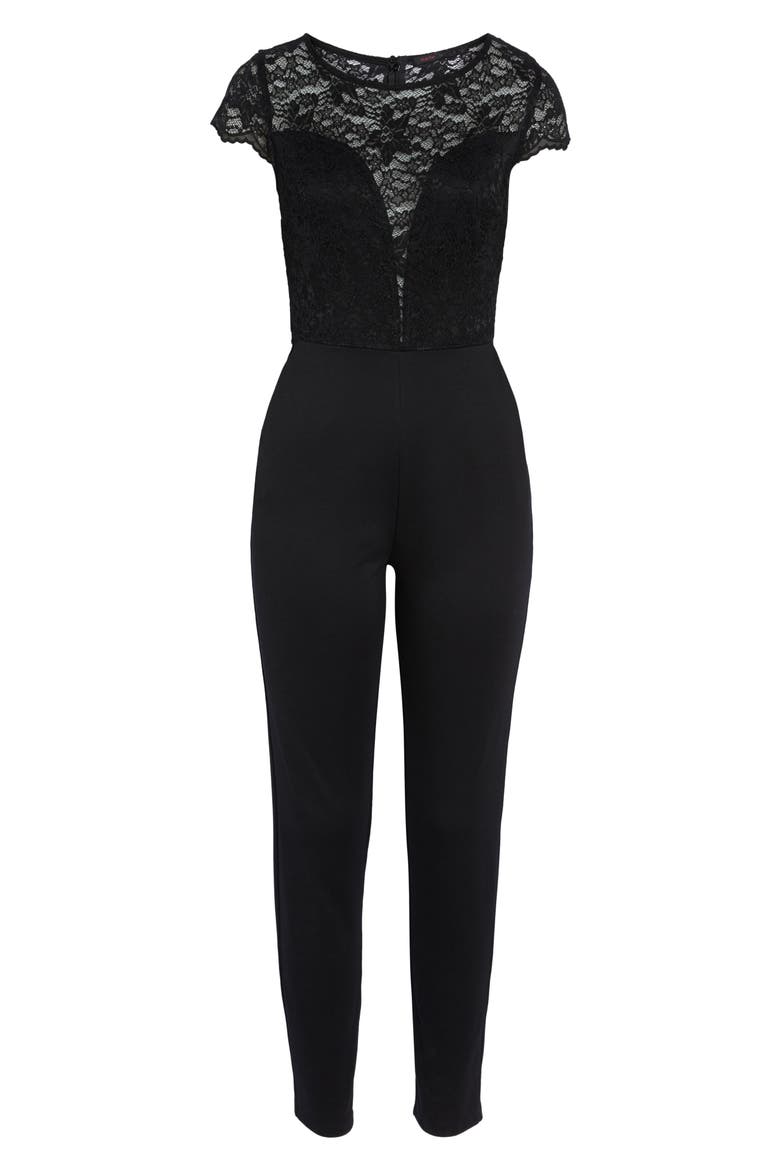 Crepe & Lace Jumpsuit, Alternate, color, BLACK