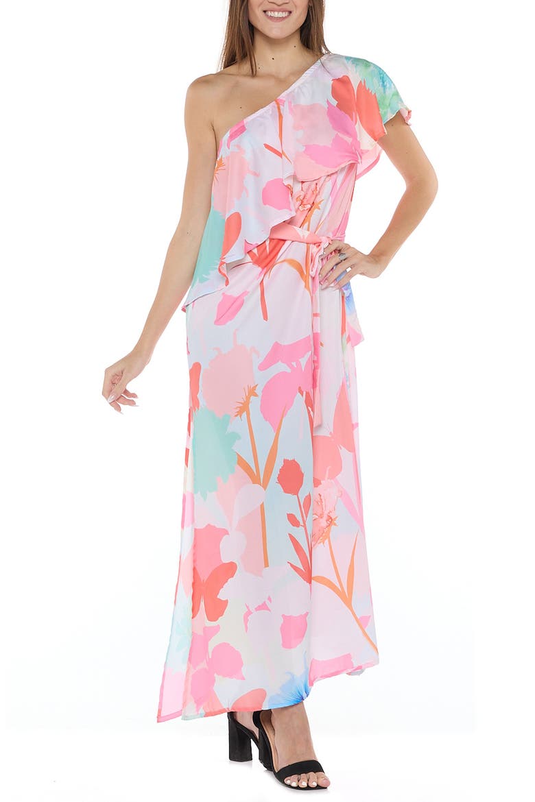 Floral One Shoulder Ruffle Belted Maxi Dress, Main, color, PINK