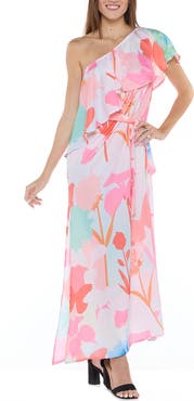 RANEES Floral One Shoulder Ruffle Belted Maxi Dress