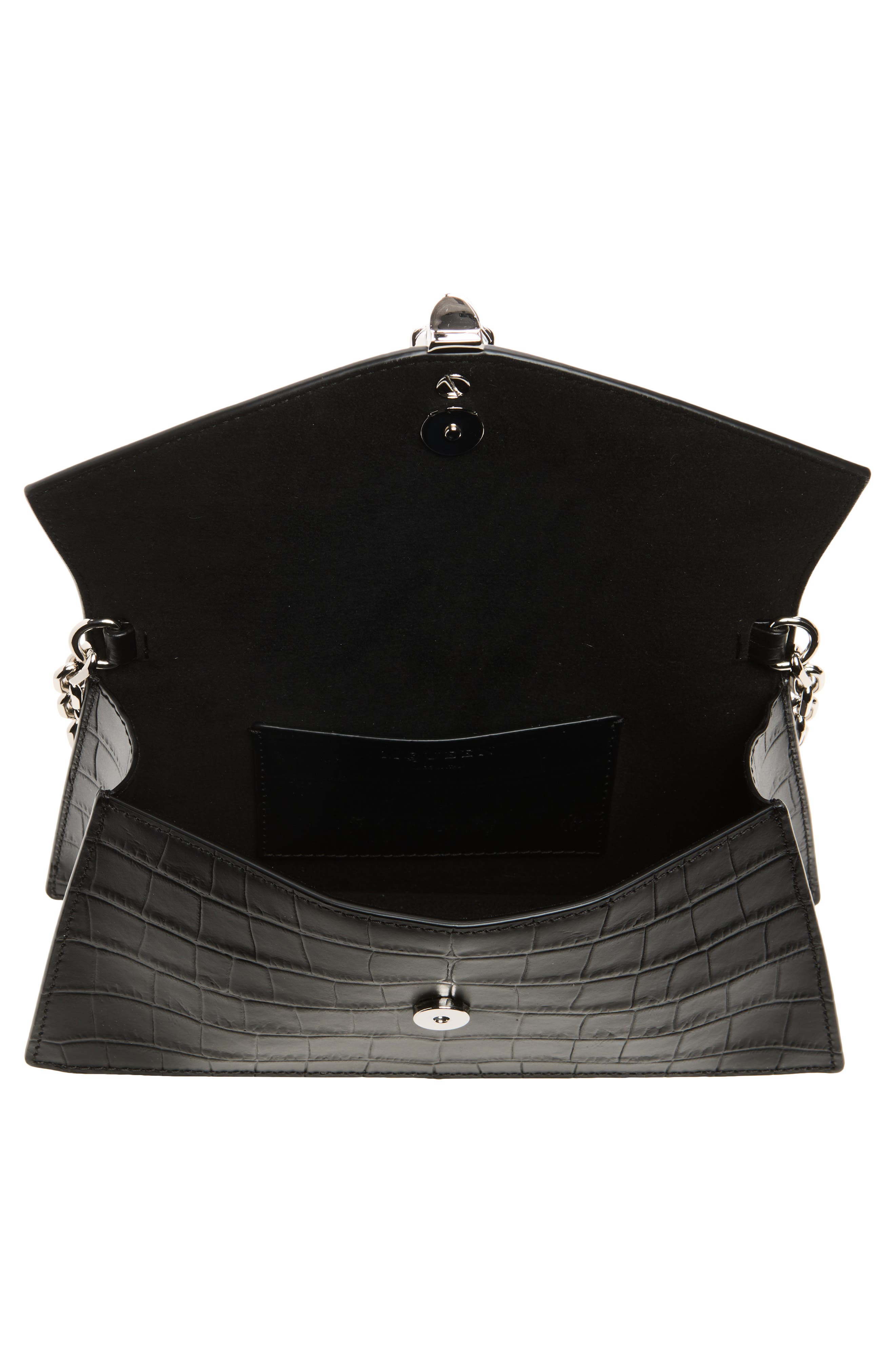 McQueen Mini Skull Croc Embossed Leather Crossbody Bag, Alternate, color, Black