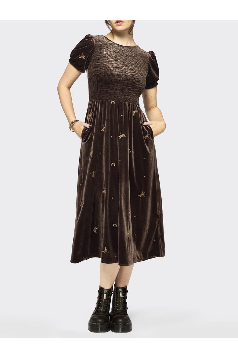 Seraphine Dragonfly Velour Midi Dress, Main, color, Brown