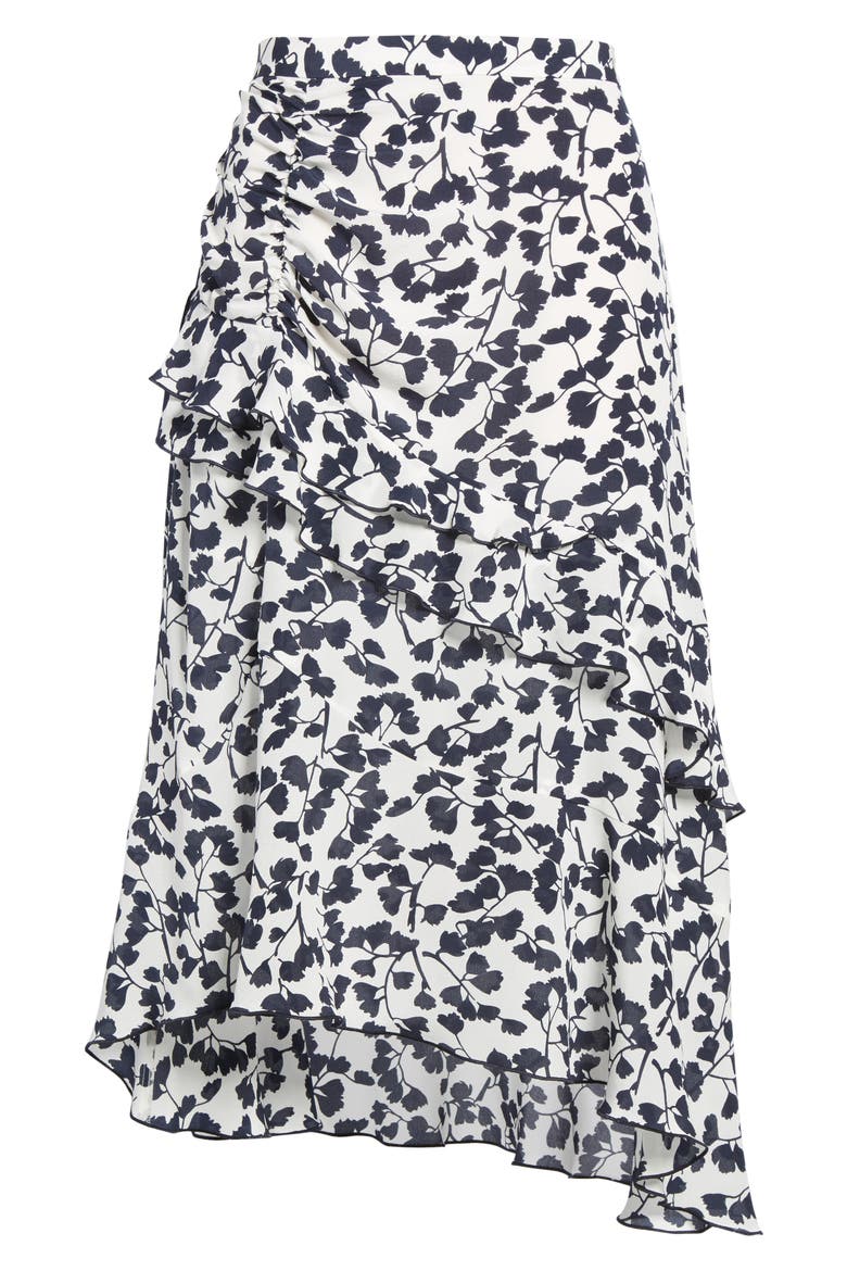 Ruffled Print Silk Skirt, Alternate, color, WHITE GINGKO LEAF