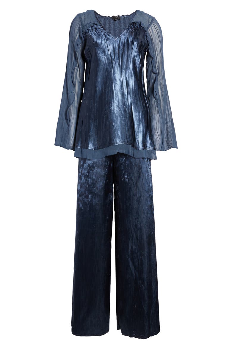 Two-Piece Charmeuse & Chiffon Tiered Long Sleeve Tunic & Pants Set, Alternate, color, ECLIPSE