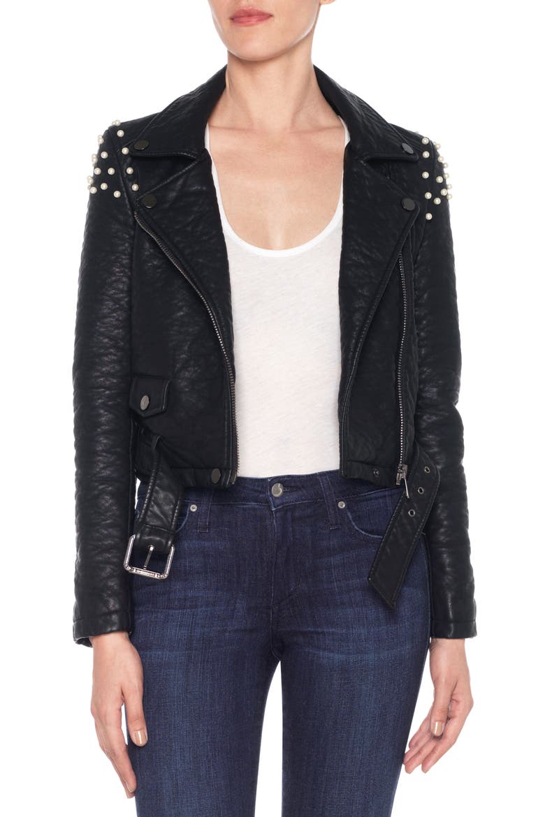 Taylor Embellished Faux Leather Moto Jacket, Main, color, BLACK