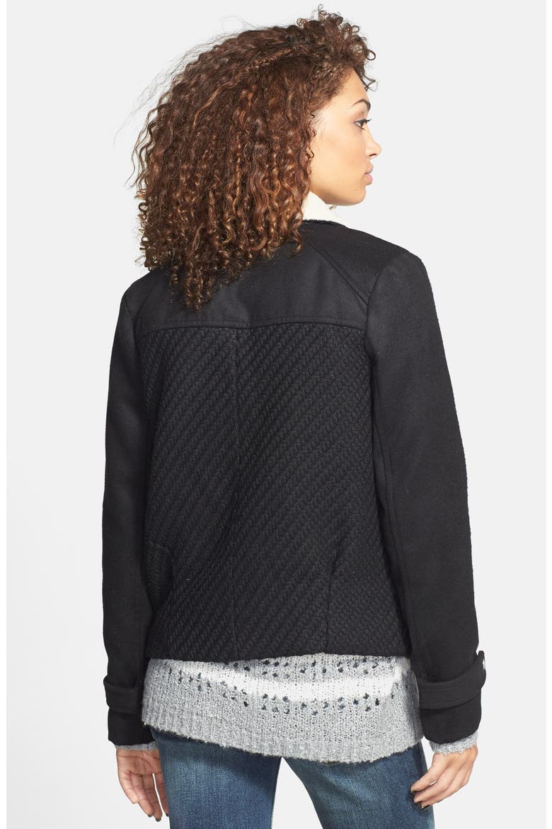 Faux Shearling Collar Asymmetrical Zip Jacket, Alternate, color, BLACK