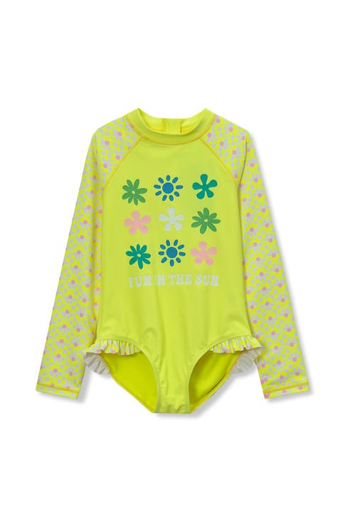 Girls Chlorine Resistant Long Sleeve Ruffle One Piece Swimsuit