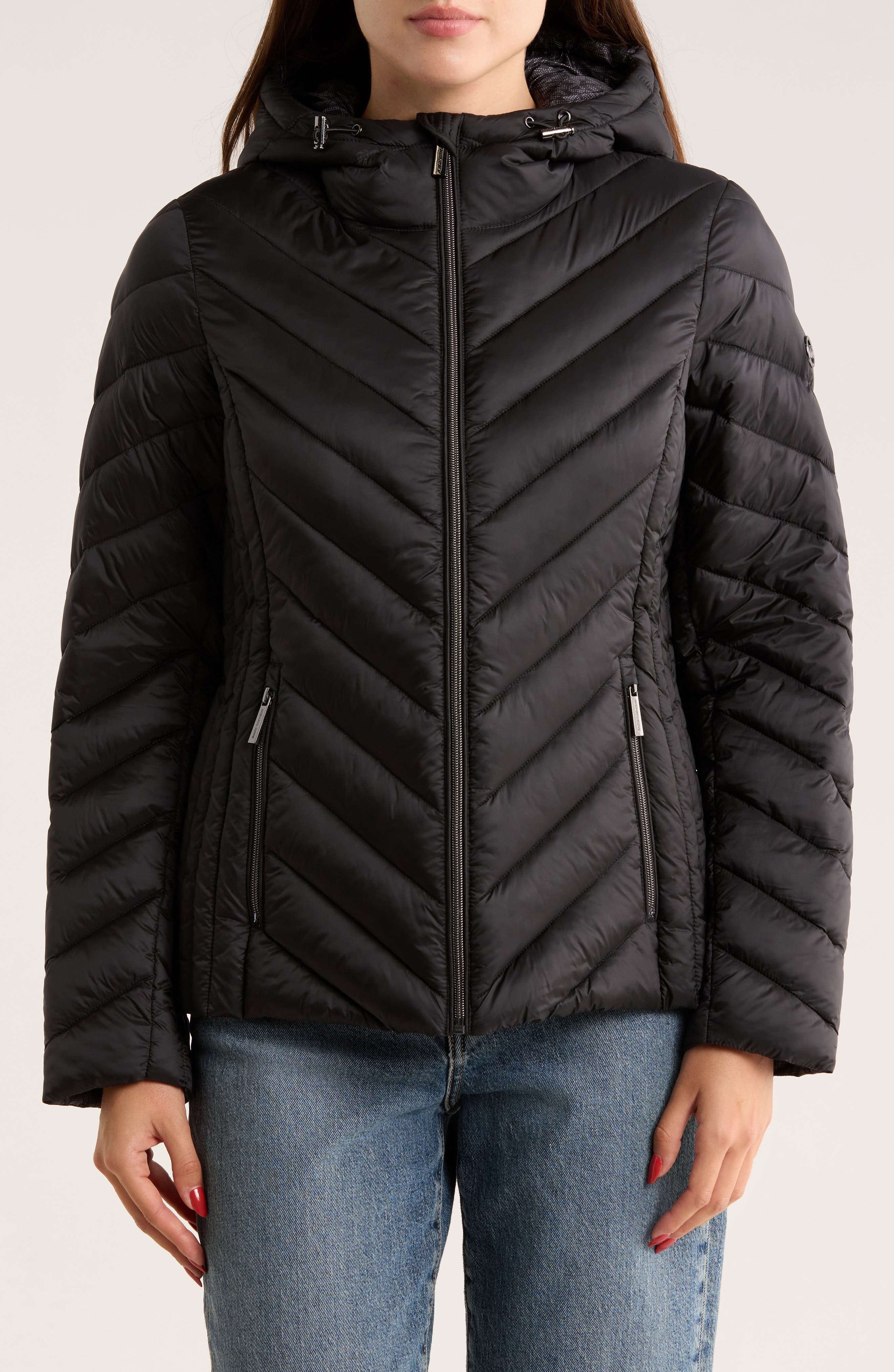 Michael Kors Hooded Packable Chevron Quilted Jacket