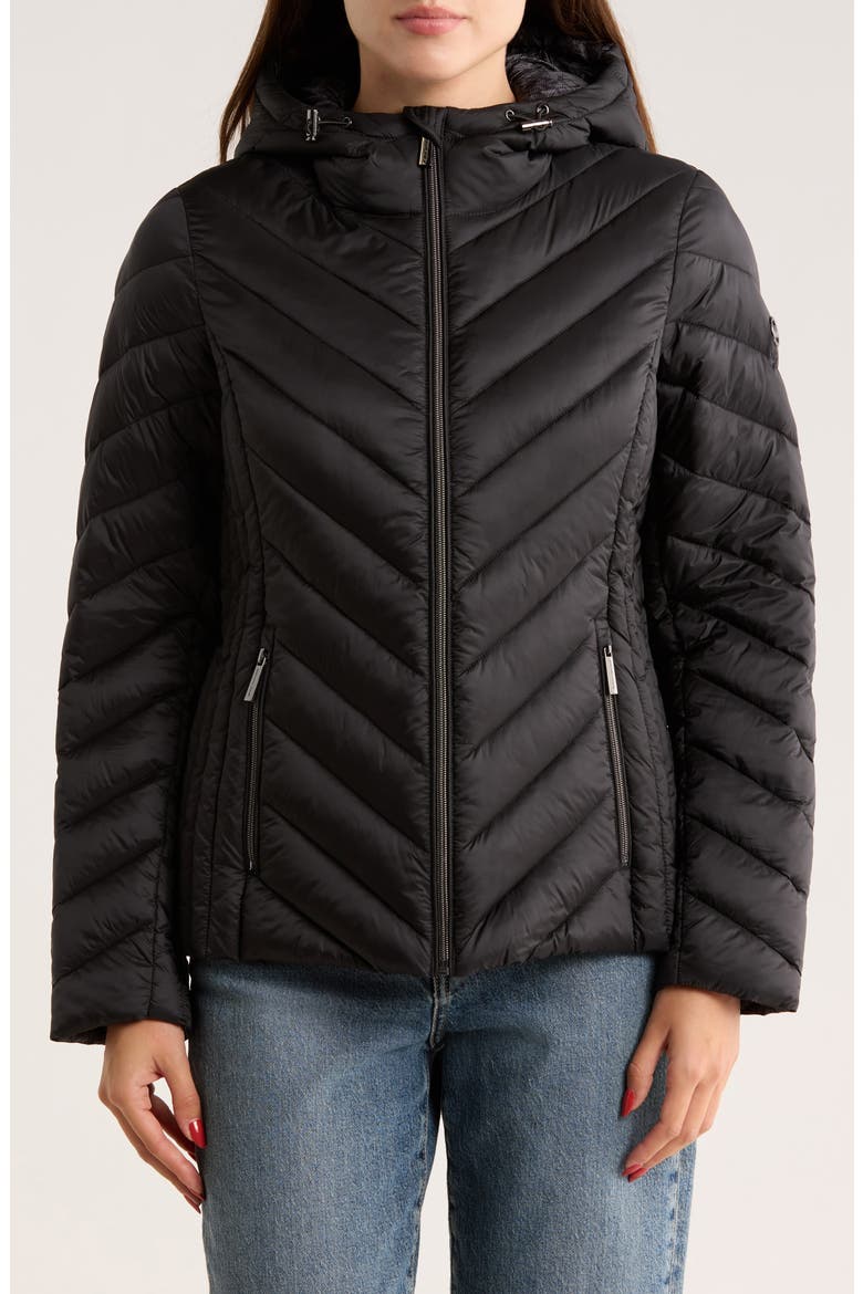 Hooded Packable Chevron Quilted Jacket, Main, color, BLACK