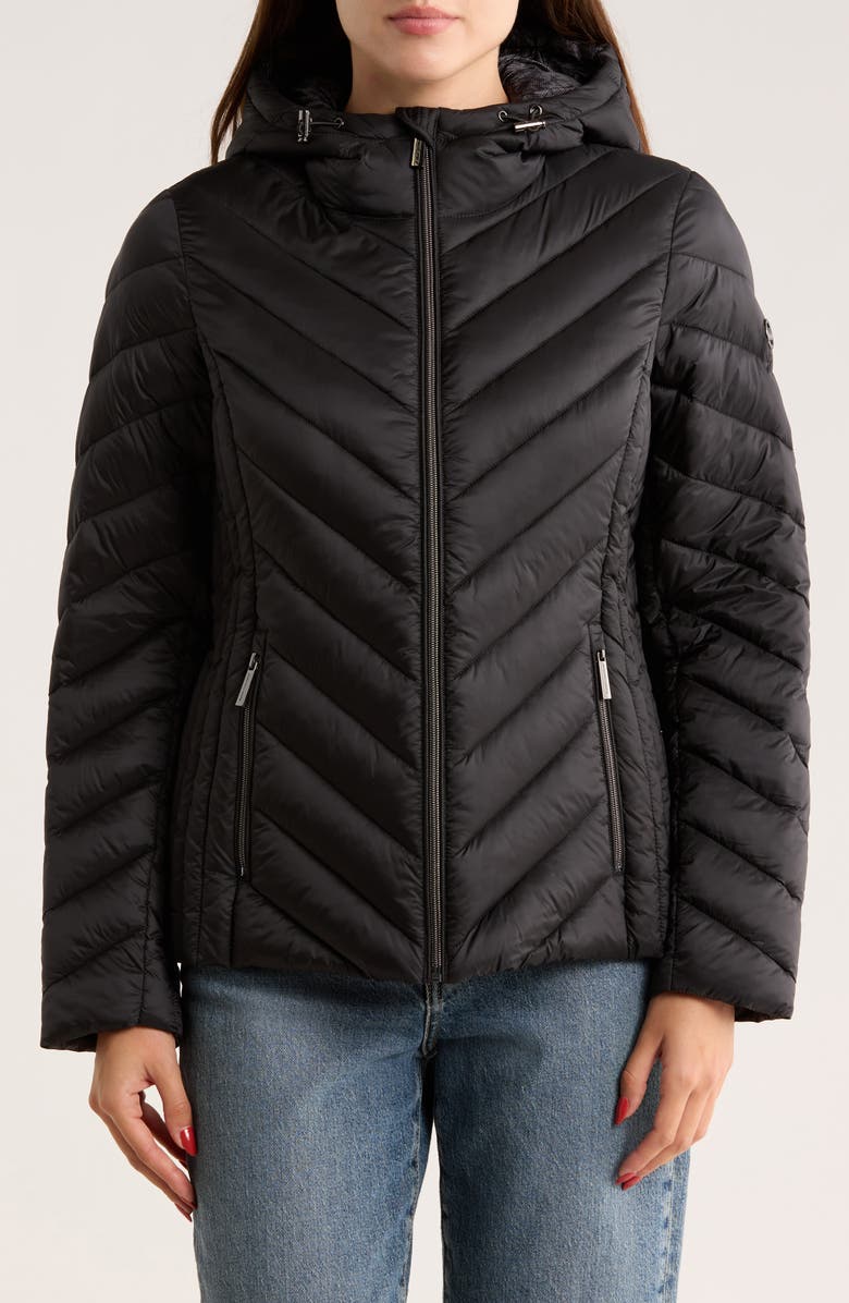 Michael Kors Hooded Packable Chevron Quilted Jacket, Main, color, Black