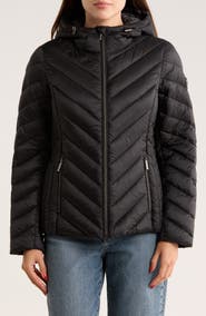 Michael Kors Hooded Packable Chevron Quilted Jacket