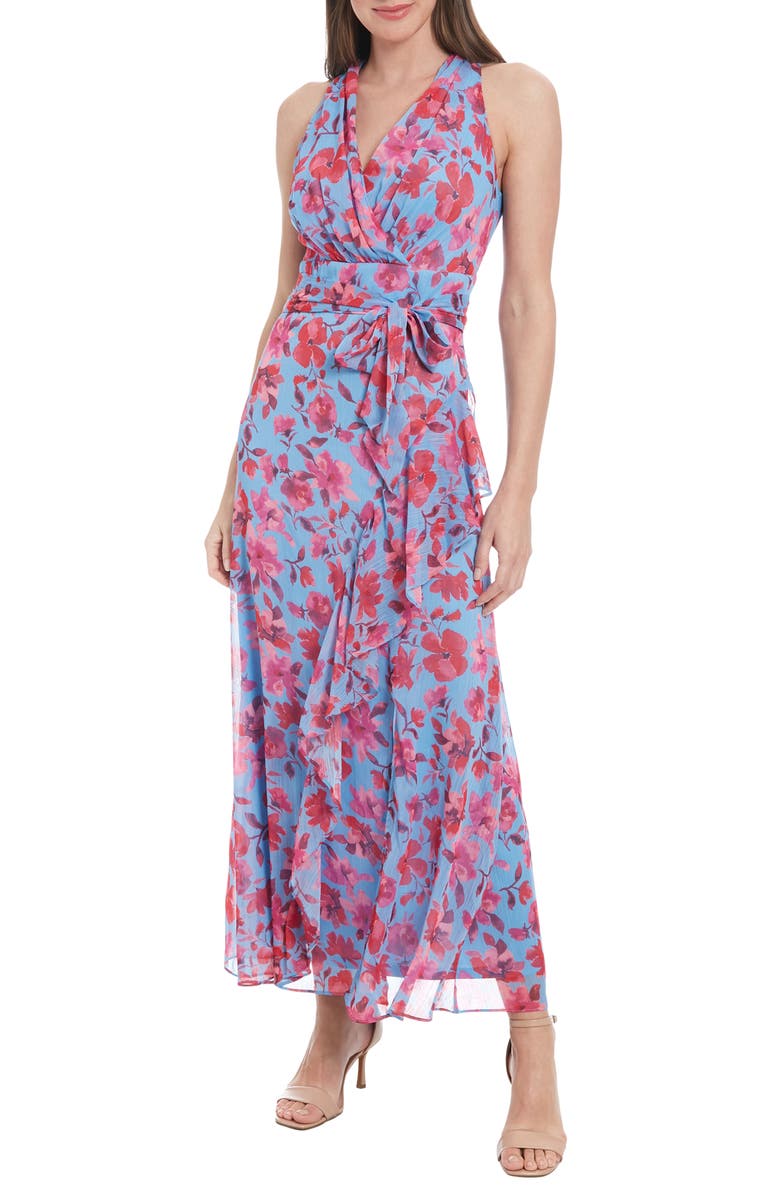 London Times Floral Sleeveless Tie Waist Chiffon Maxi Dress, Main, color,