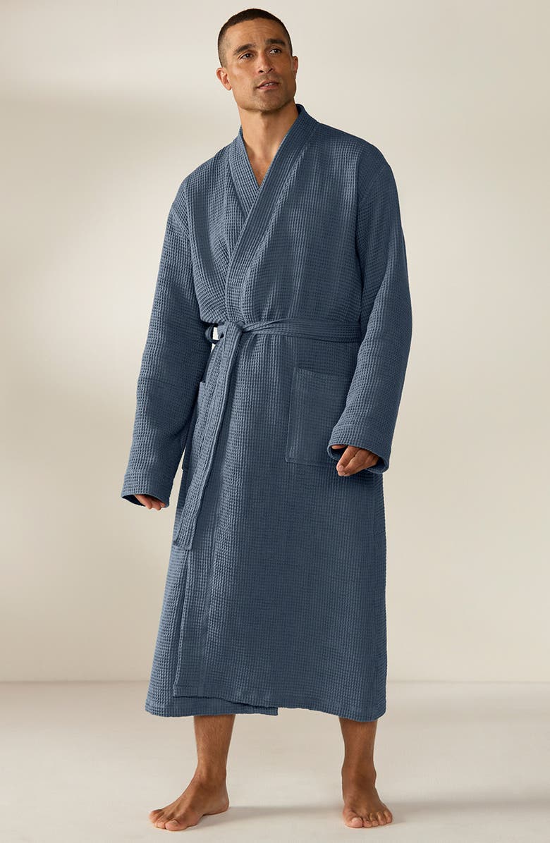 Coyuchi Gender Inclusive Organic Cotton Waffle Texture Robe, Alternate, color, Neptune