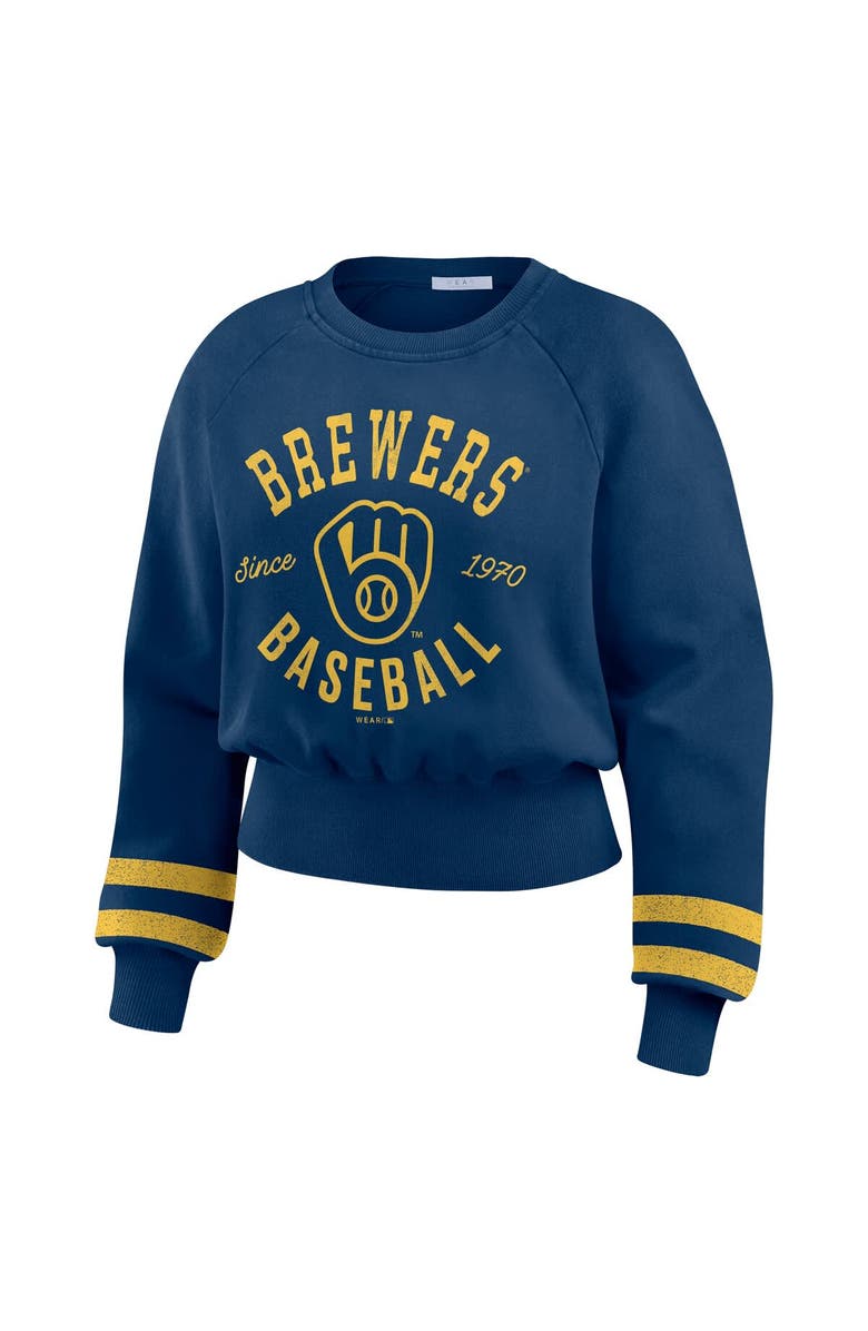 WEAR by Erin Andrews Women's WEAR by Erin Andrews Navy Milwaukee Brewers Vintage Washed Cropped Pullover Sweatshirt, Alternate, color, Navy