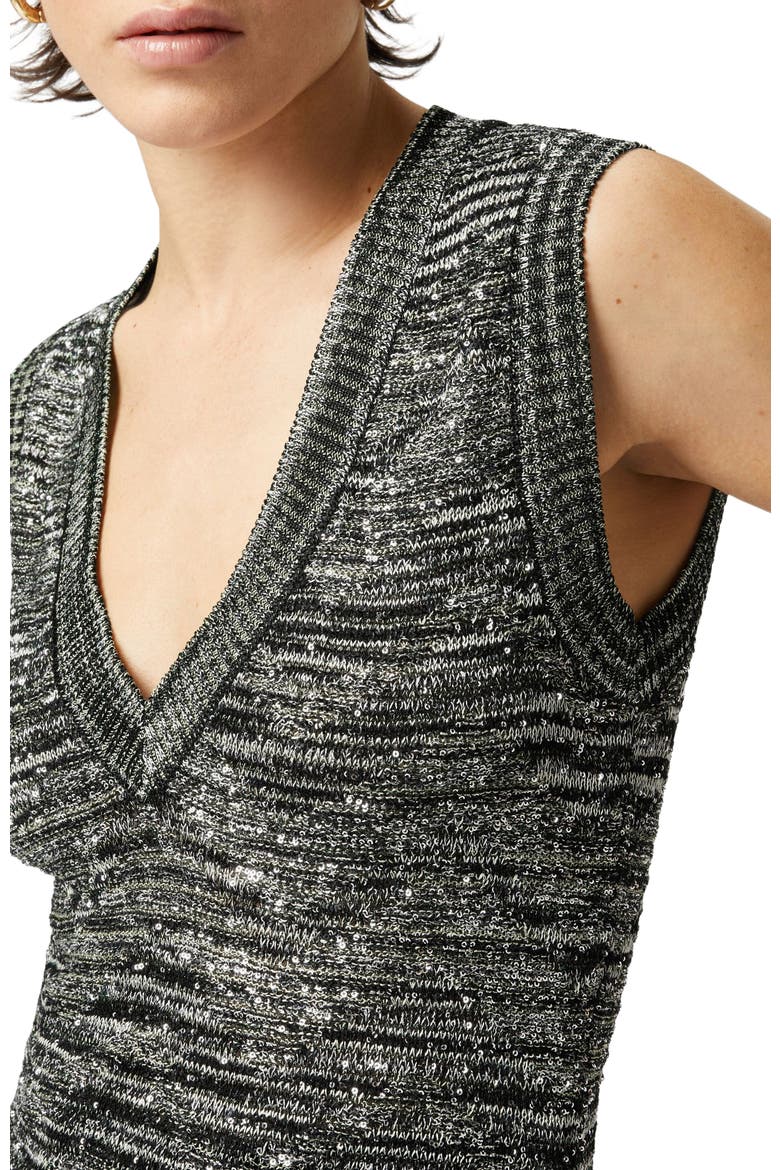 Sleeveless Top In Slub Knit With Sequins And V-neck, Alternate, color, Green & Black