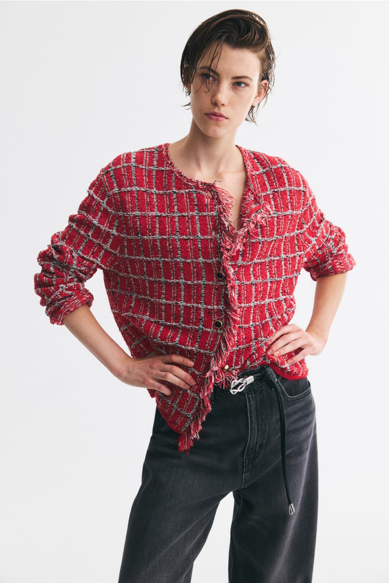 Frayed Jacquard-Knit Cardigan, Main, color, Red/patterned