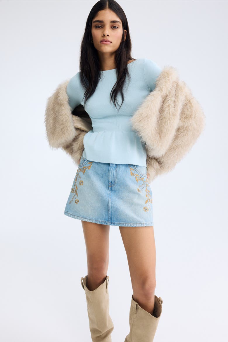 Knitted Peplum Top, Main, color, Light blue