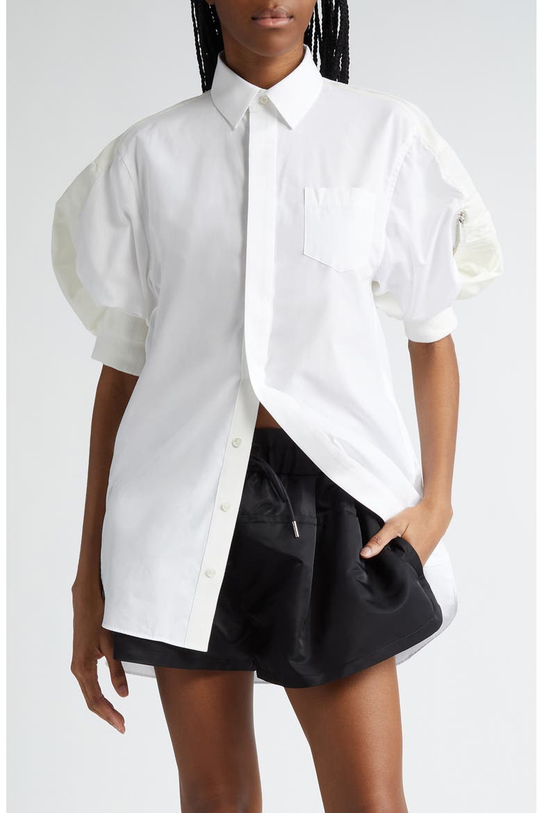 Puff Sleeve Poplin Button-Up Shirt, Main, color, WHITE