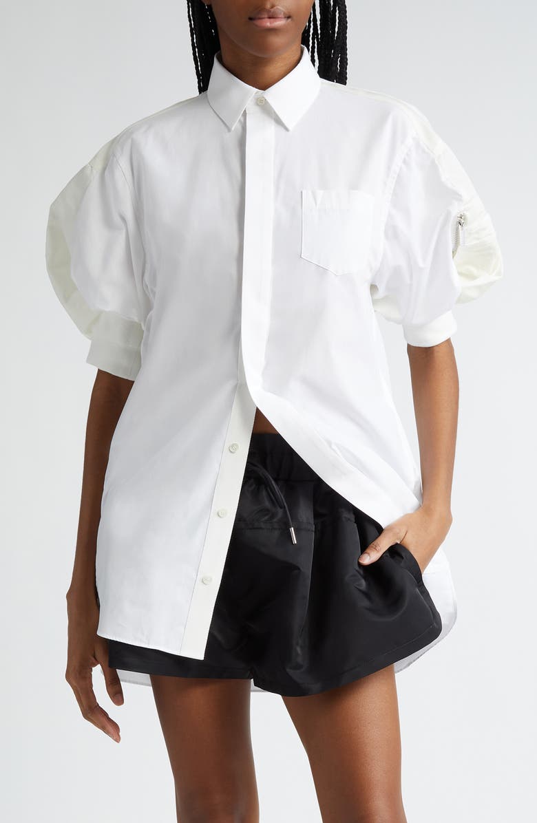 Sacai Puff Sleeve Poplin Button-Up Shirt, Main, color, 