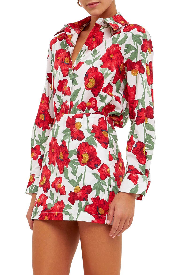 Floral Cotton Button-Up Shirt, Alternate, color, WHITE/ RED