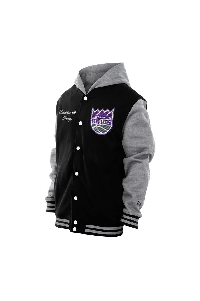 Men's New Era  Black Sacramento Kings Throwback Prep Chenille Full-Snap Hooded Varsity Jacket, Alternate, color, Black