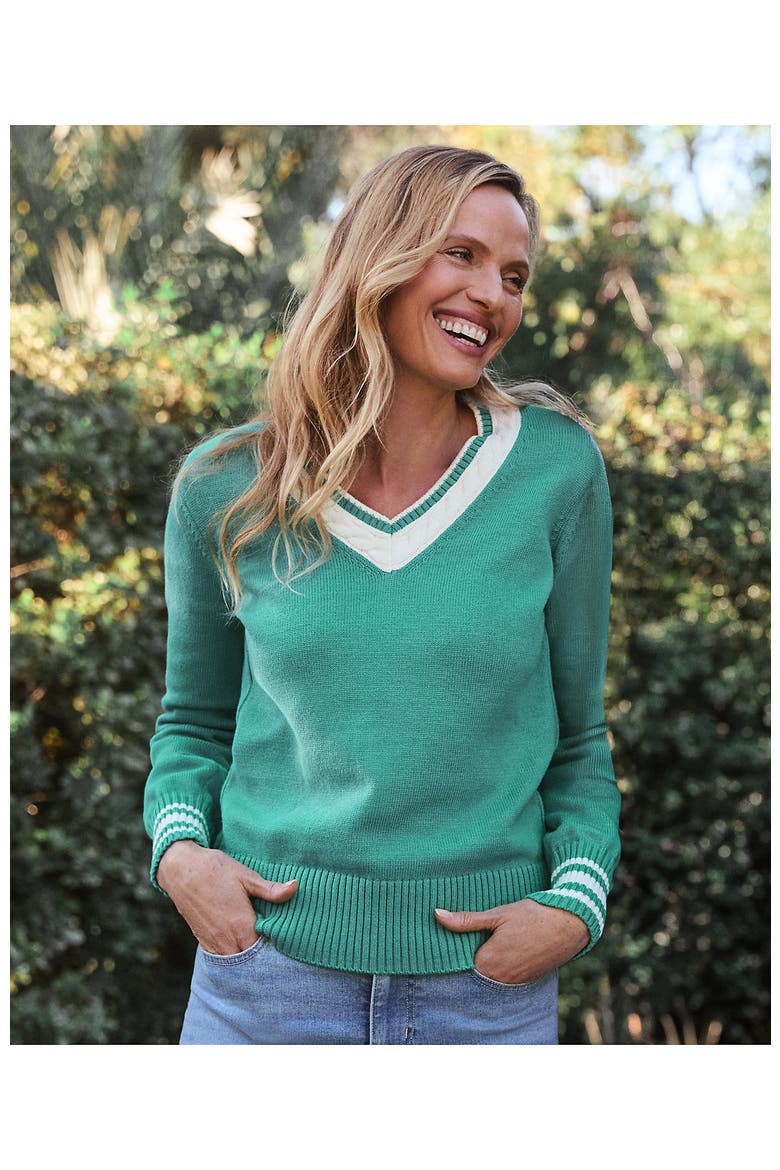 Drifter Set in Sleeve Vneck Sweater, Alternate, color, Navy/Clover Tipping