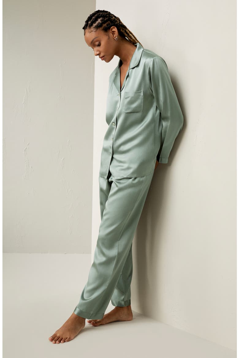 Women's Full Length Silk Pajamas Set, Alternate, color, Avocado Green