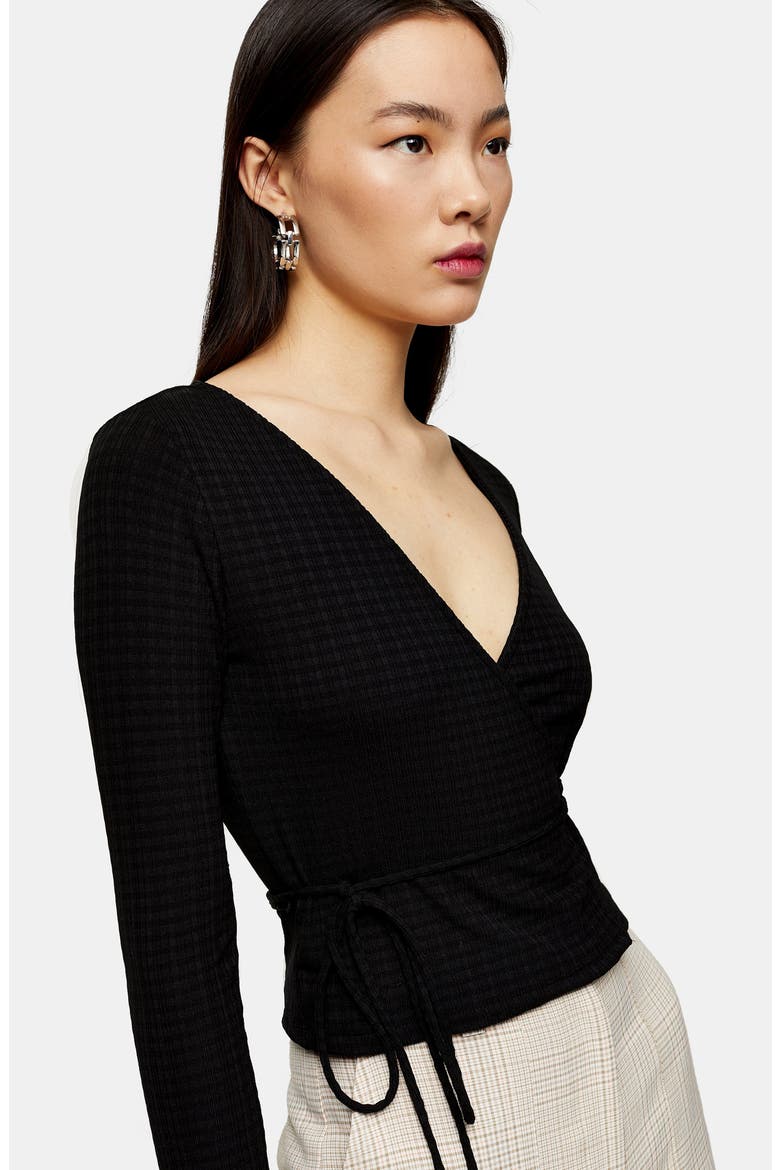Textured Ballet Wrap Top, Alternate, color, BLACK