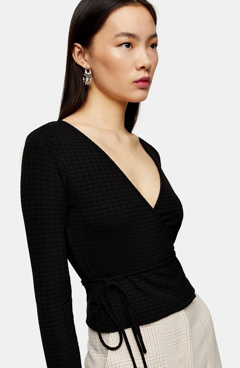 Topshop Textured Ballet Wrap Top, Alternate, color, 