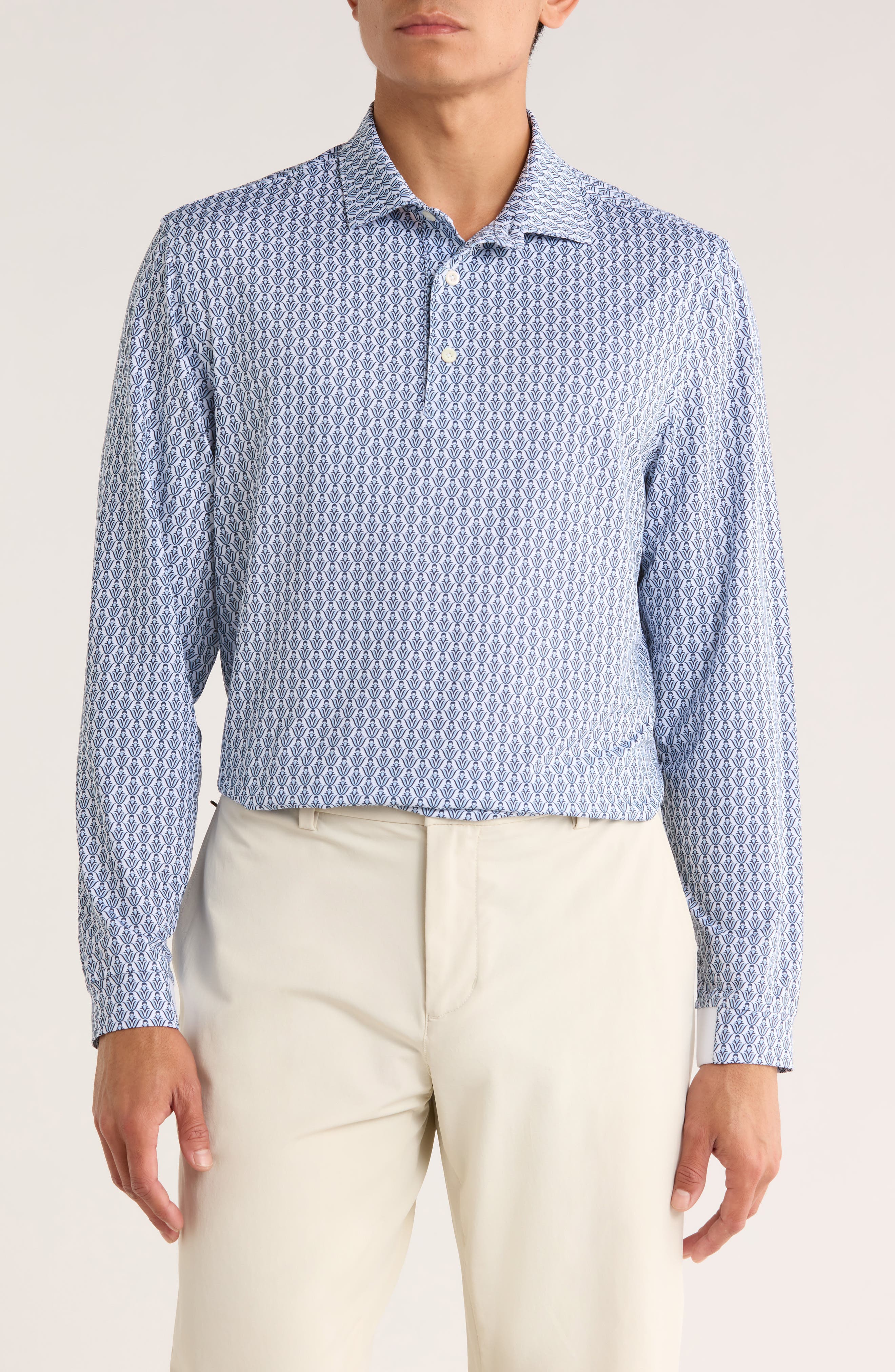 Greg Norman Floral Print Long Sleeve Performance Golf Polo