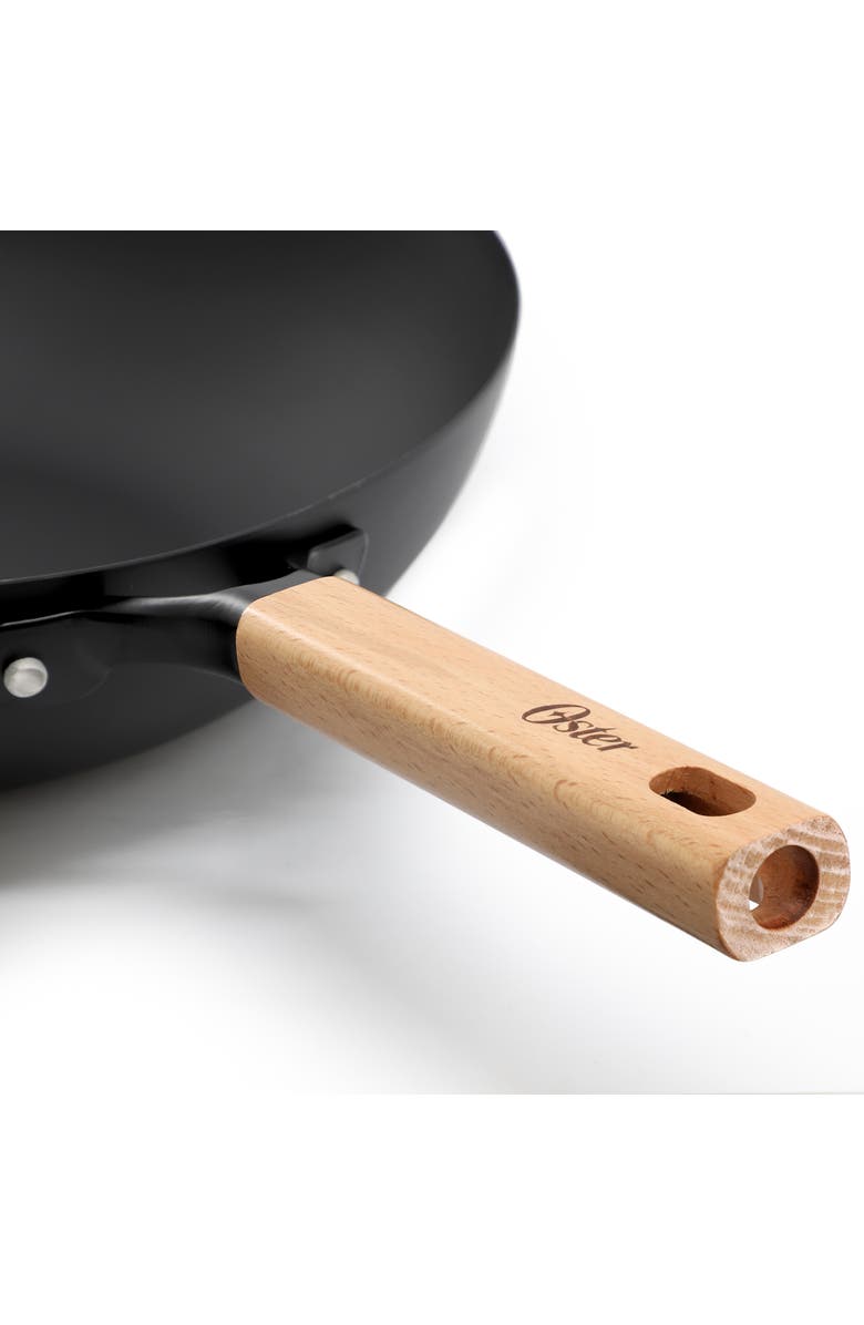 OSTER Northcliffe 13.5 Inch Round Carbon Steel Flat Base Wok with Wooden Handles, Alternate, color, Black