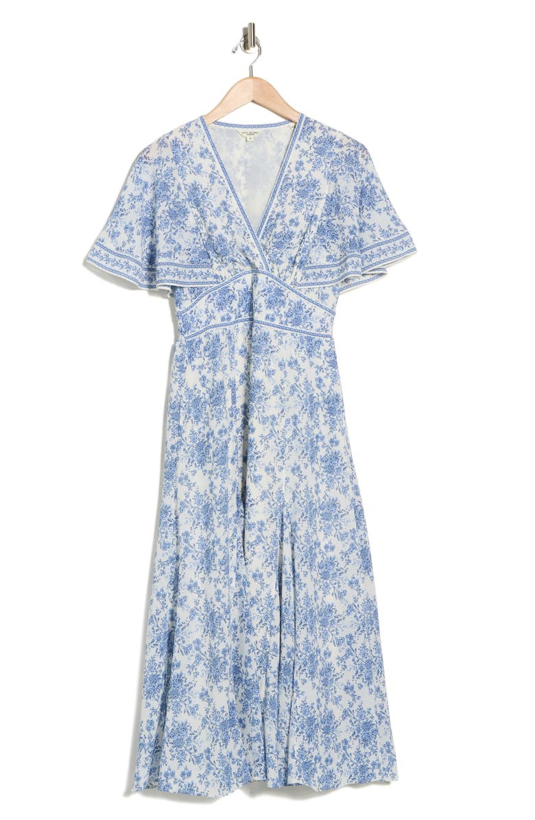 MAX STUDIO Flutter Sleeve Empire Waist Maxi Dress, Alternate, color, Cream/ Denim Rosette Toile