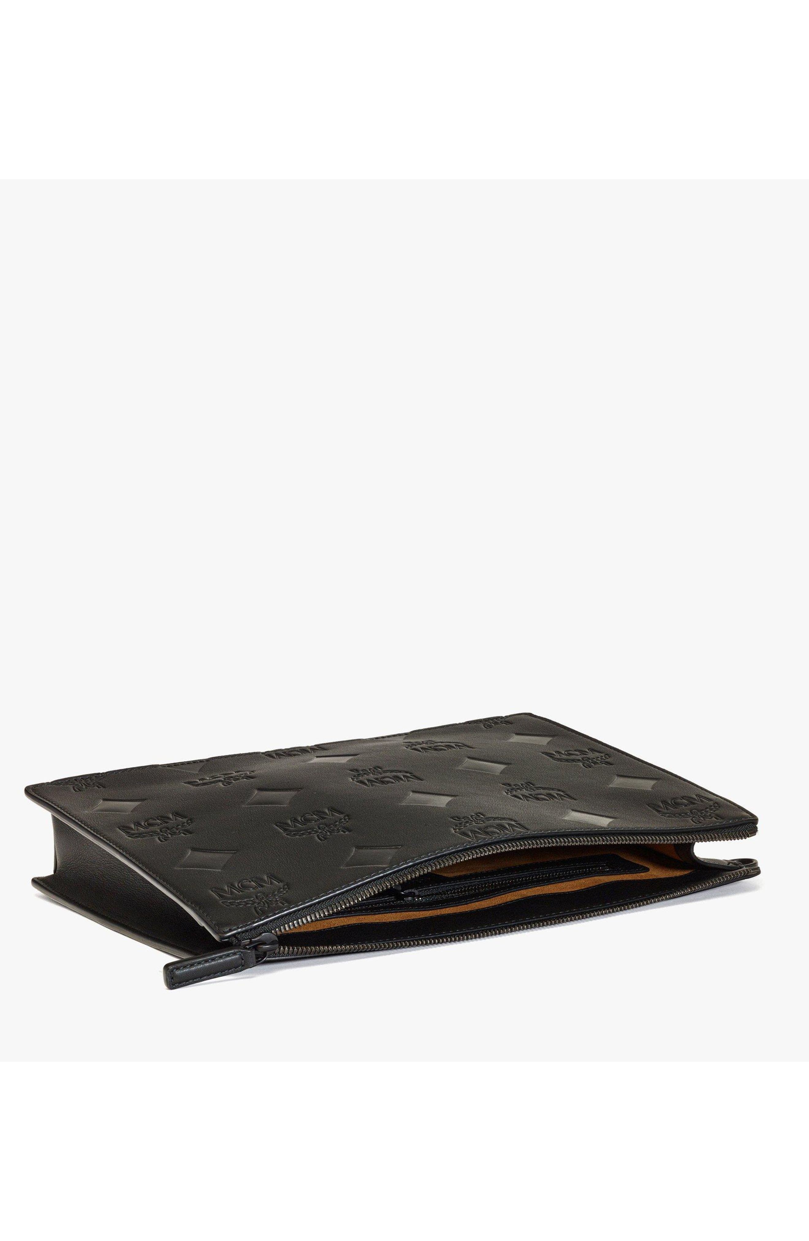 MCM Aren Wristlet Pouch in Maxi Monogram Leather, Alternate, color, Black