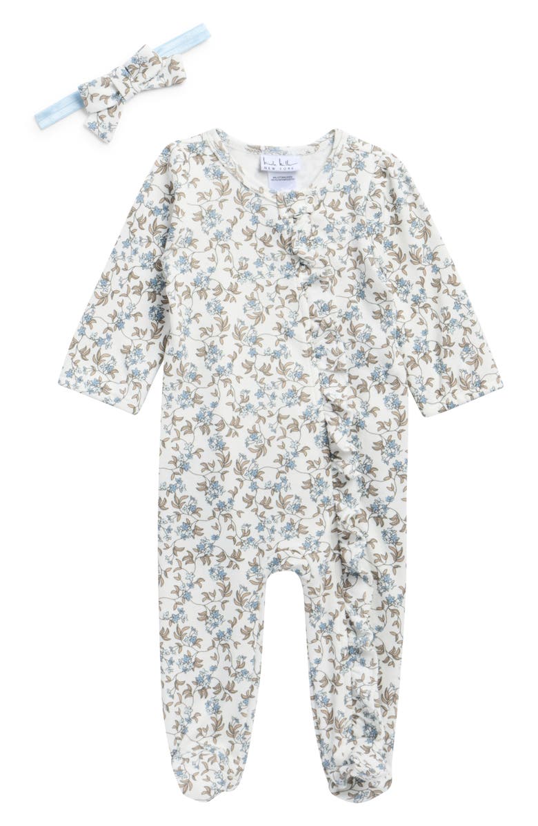 Nicole Miller Ruffle Footie & Headband Set, Main, color, Blue Fog