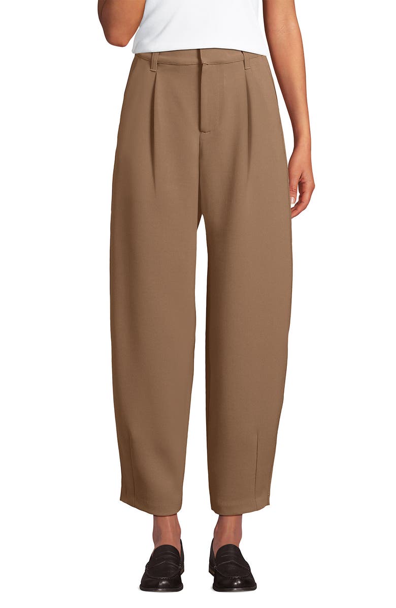 Lands' End Crepe High Rise Pleated Barrel Leg Ankle Pants, Alternate, color, Honey Beige