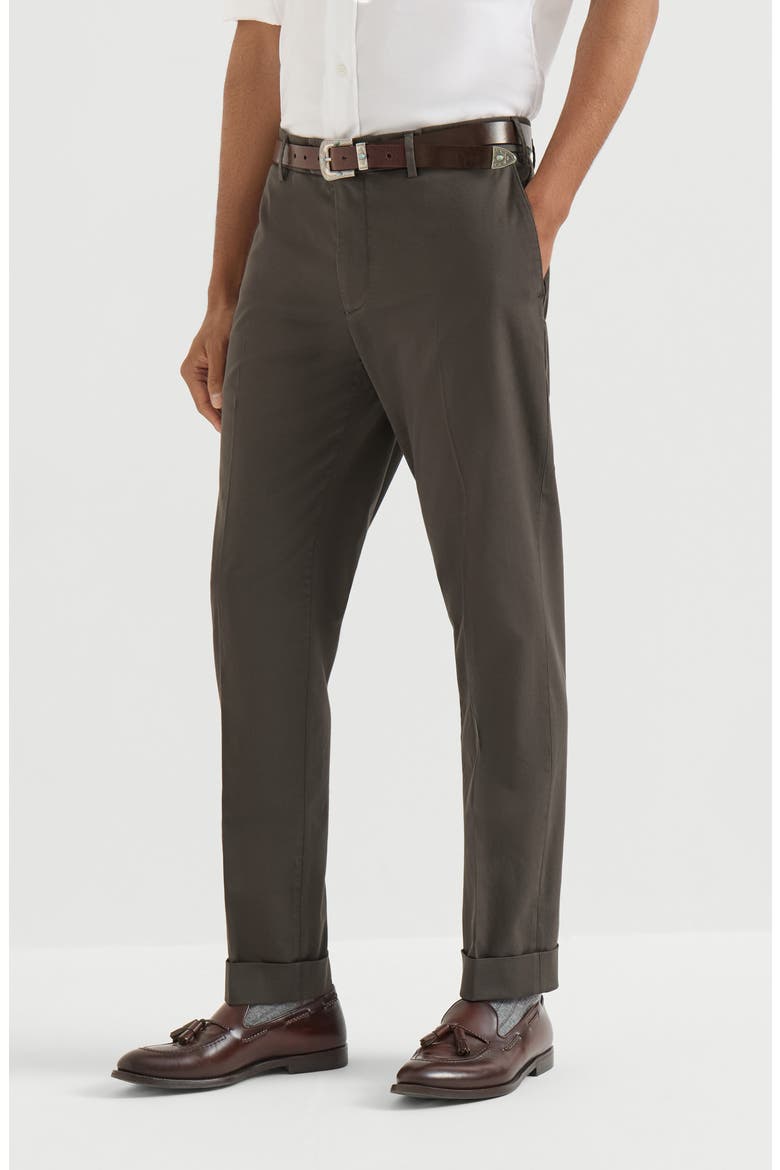 Garment-dyed Italian fit trousers in American Pima comfort cotton gabardine, Main, color, Brown