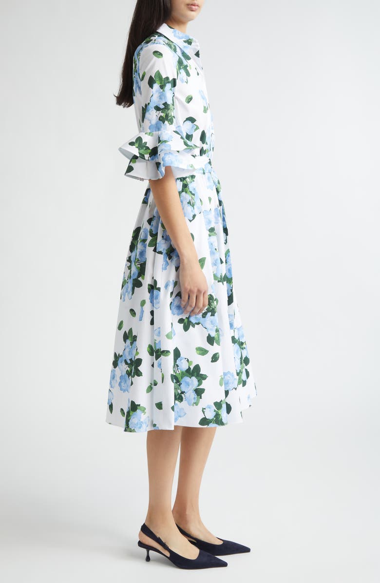 Carolina Herrera Rose Print Belted Midi Shirtdress, Alternate, color, White Multi