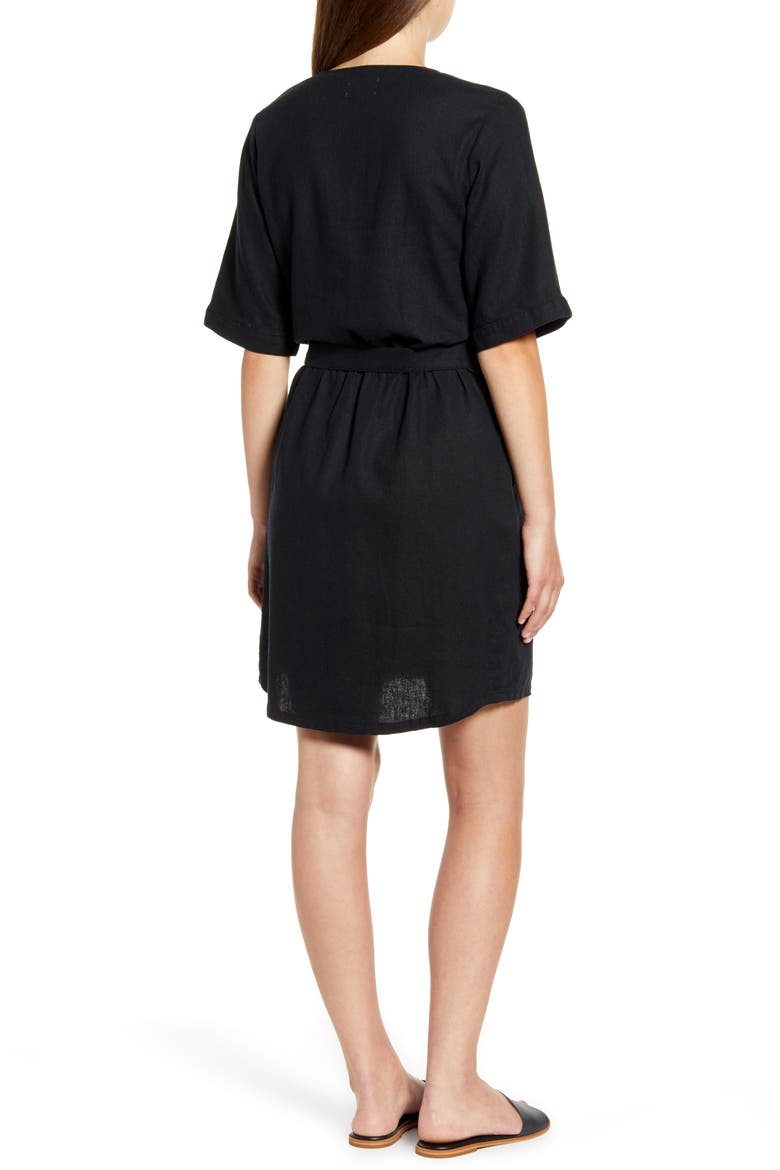 Linen Blend Faux Wrap Dress, Alternate, color, BLACK