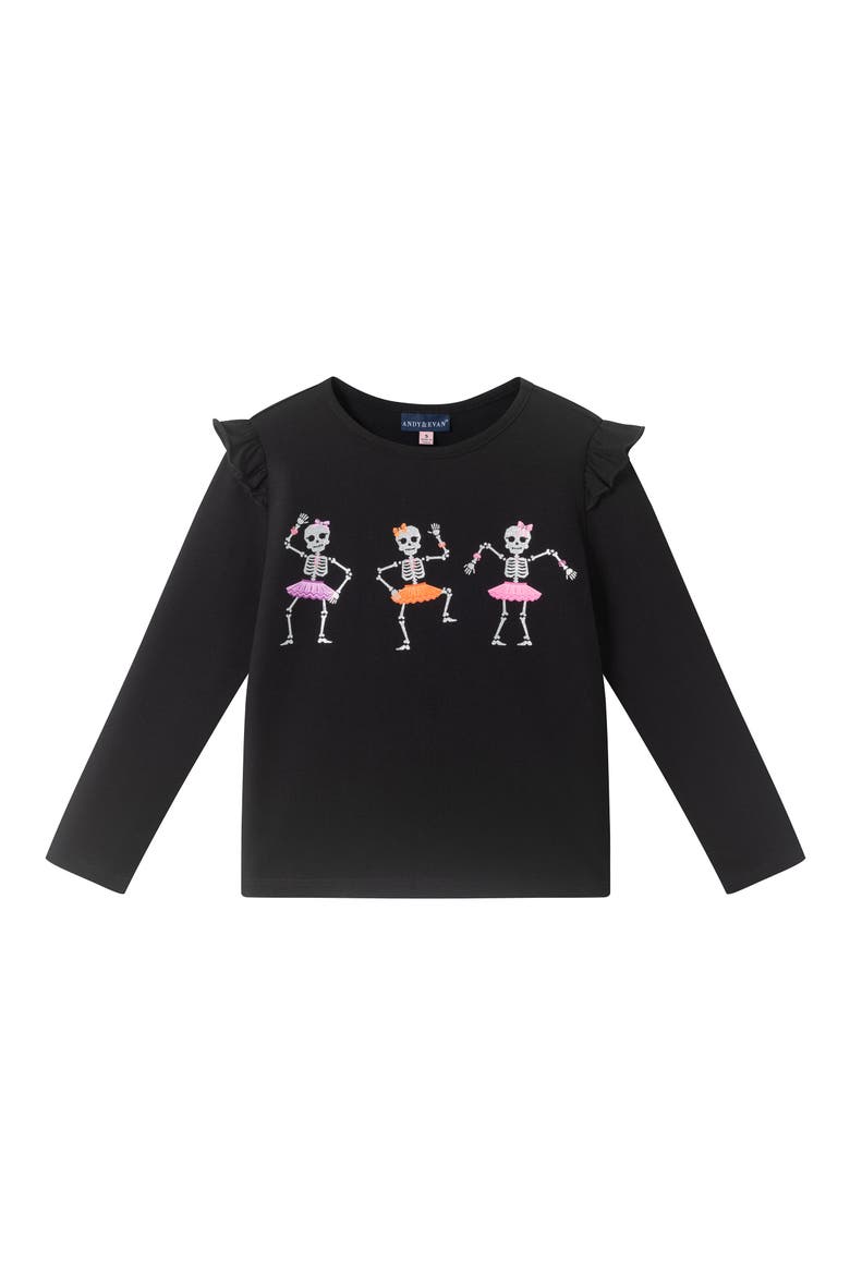 Kids' Dancing Skeletons Ruffled Top, Main, color, BLACK I