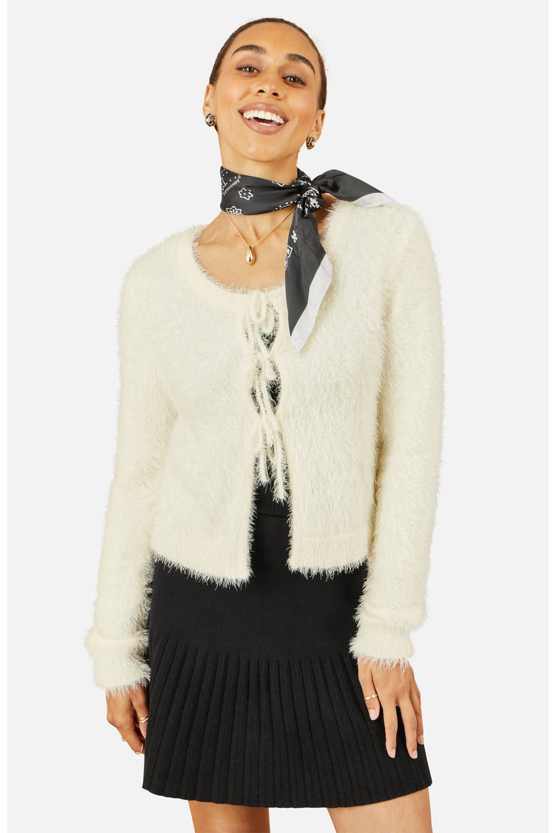 Eyelash Fluffy Tie Front Bolero, Main, color, Ivory