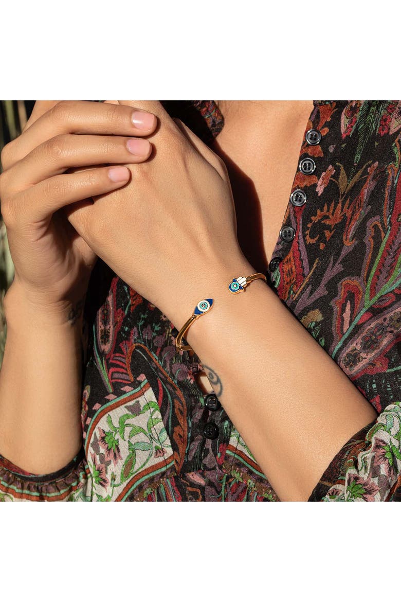 Positive Light - Enamel Hamsa Evil Eye Cuff, Alternate, color, Gold/navy/white