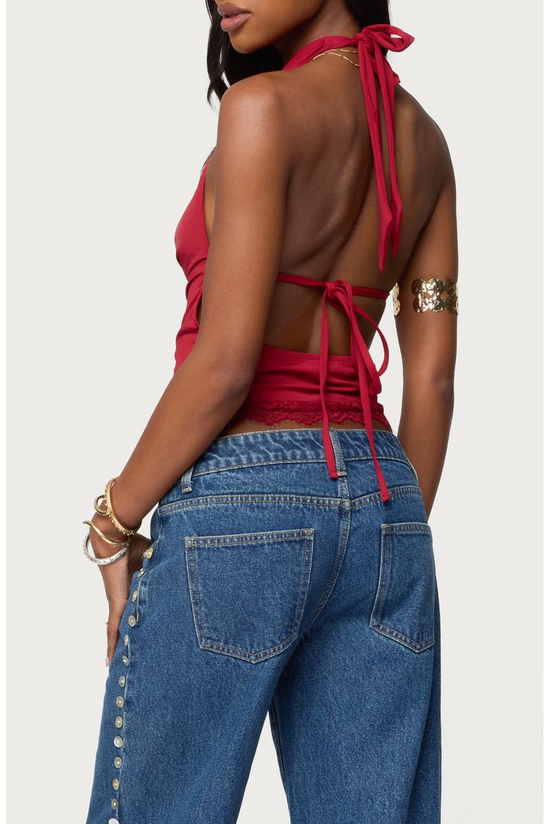 Lacy Cowl Neck Halter Top, Alternate, color, RED