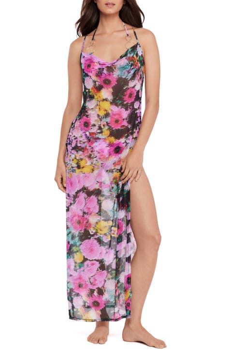 Cowl Neck Semisheer Mesh Cover-Up Maxi Dress