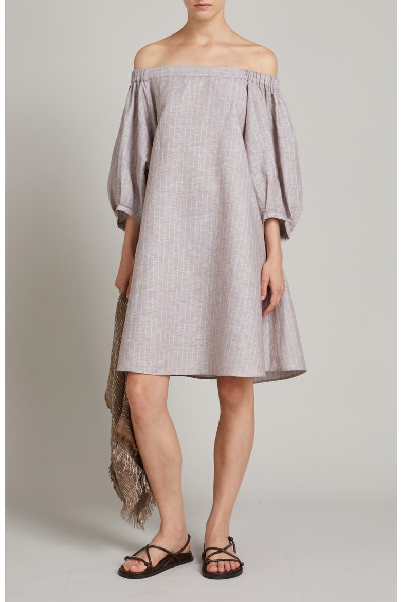 Fuggito Off the Shoulder Linen Blend Shift Dress, Main, color, HAZELNUT BROWN