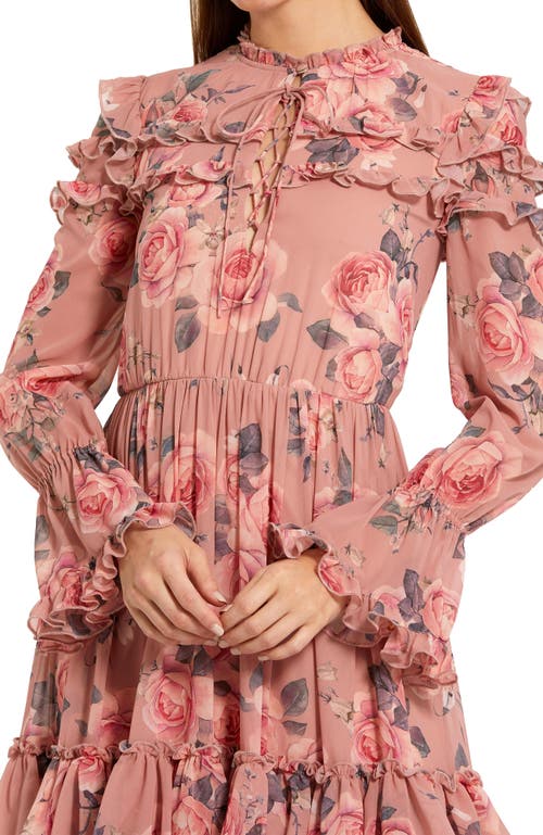 Mac Duggal Printed Long Sleeve Lace Up Front Tiered Ruffle Dress In Rose Multi