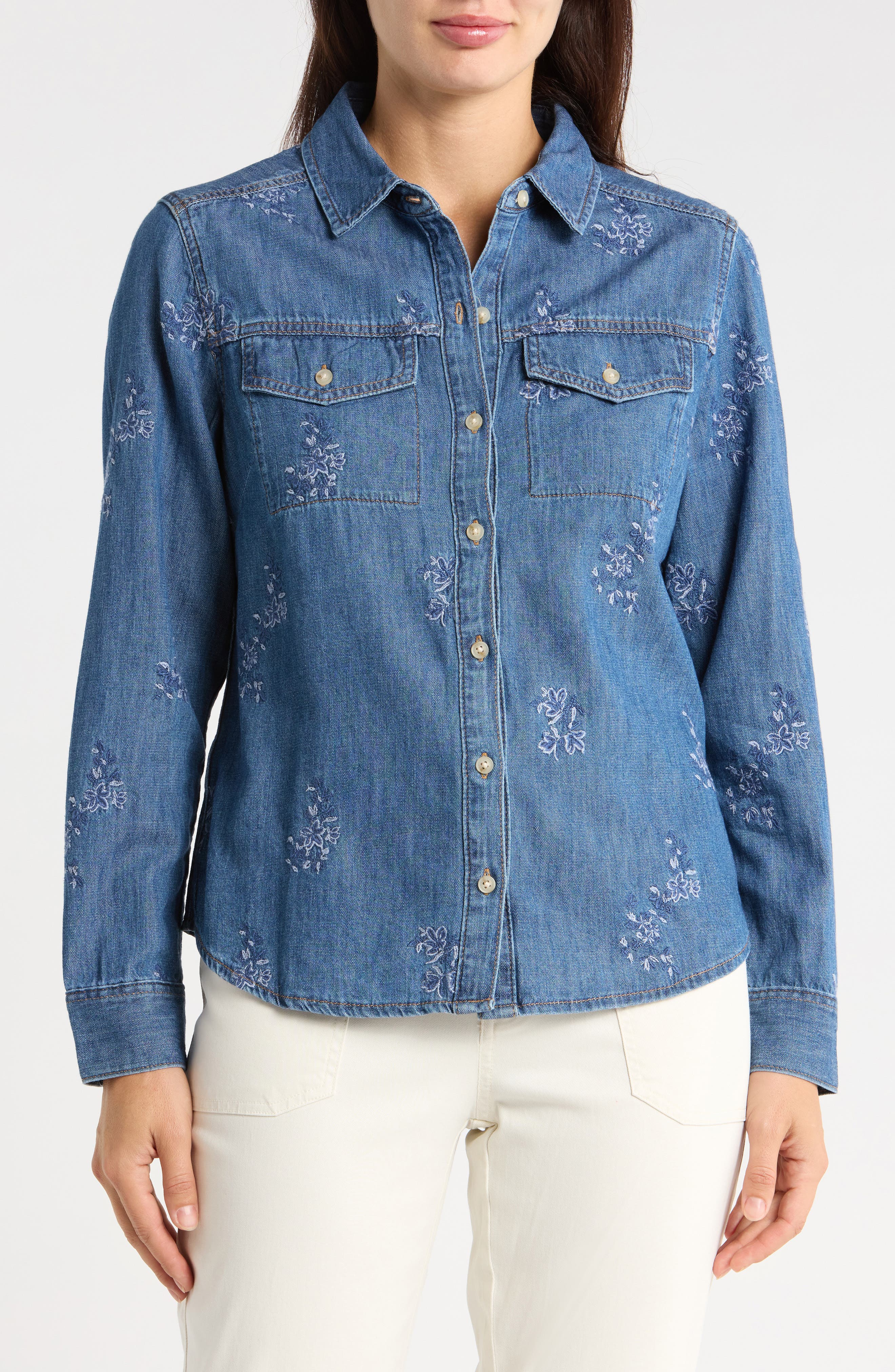 Flora Embroidered Denim Button-Up Shirt