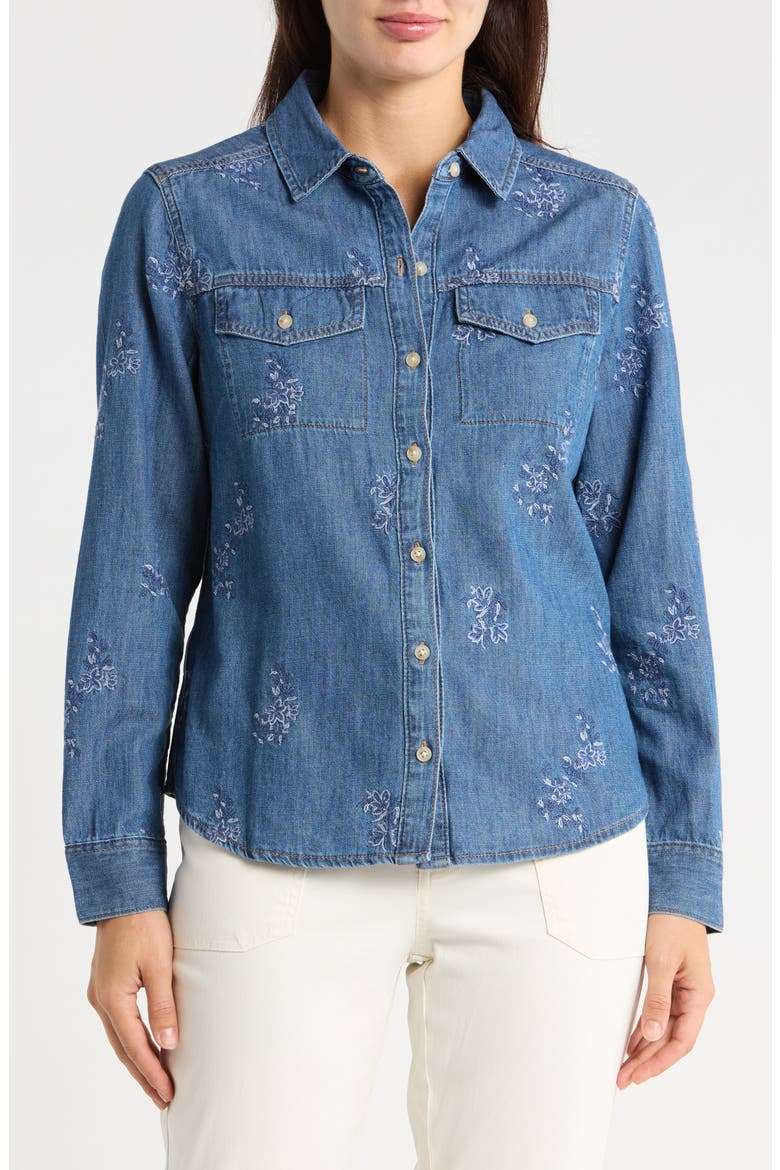 Flora Embroidered Denim Button-Up Shirt, Main, color, DK MED WASH